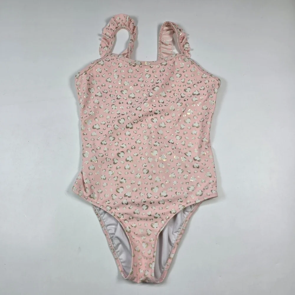 Sunuva One Piece Swimsuit Girls 13-14 Pink Metallic Gold Leopard Heart Ruffle